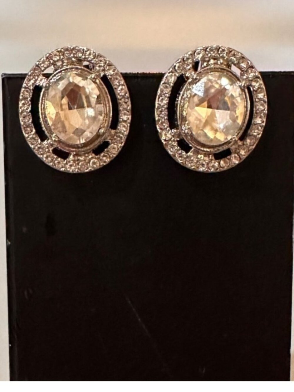 Women Rhinestone Clip On Earrings Oval Center Stone Pave Halo Silver Tone NWOT